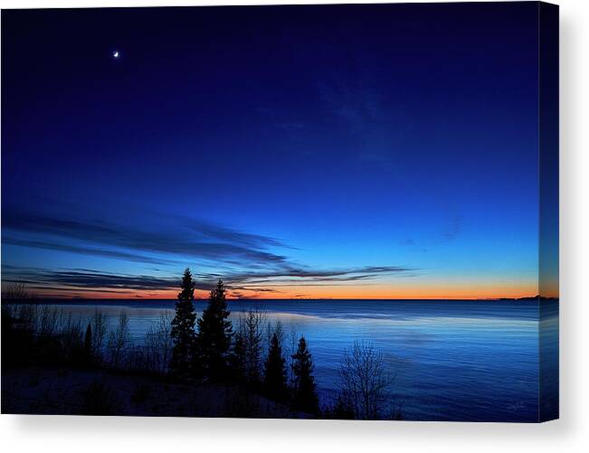 Environment Water Shore Frozen Blue Colorful Wilderness Sunset Light Shoreline Rocky Scenic Ice Cold Terrain Icy Vibrant Natural Close Up Canada Canvas Print featuring the photograph Velvet Horizons by Doug Gibbons