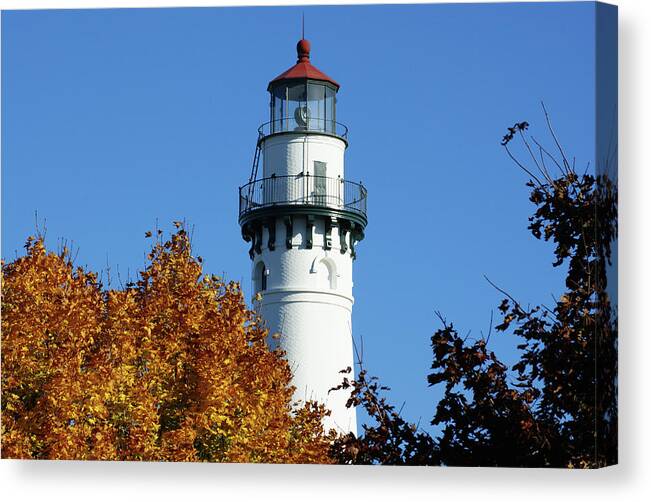 Wind Point Lighthouse Canvas Print featuring the photograph Wind Point Top by Deb Beausoleil
