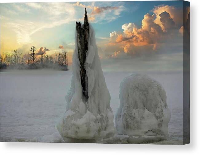 Photography #nature Photography #nature Is Art#winter Weather #art Object #cild Weather #icy#snow Figure#wood#winter Light #winter Sunshine #winter On The Beach #sky And Clouds#latvia Canvas Print featuring the photograph Winter Weather Art /Latvia by Aleksandrs Drozdovs