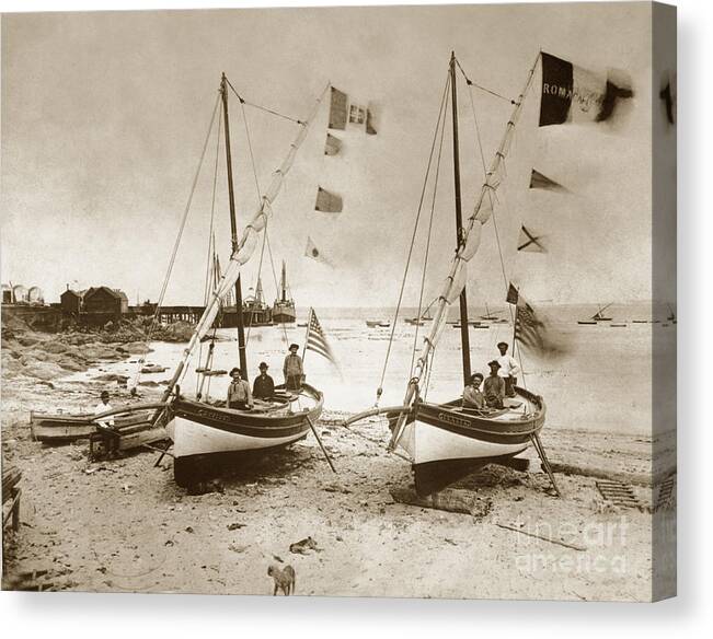  Italian Canvas Print featuring the photograph Italian Feluccas fishing boat Monterey Beach California1896 by Monterey County Historical Society