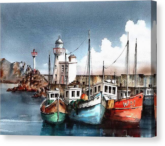 Val Byrne Canvas Print featuring the painting Howth Trawlers by Val Byrne