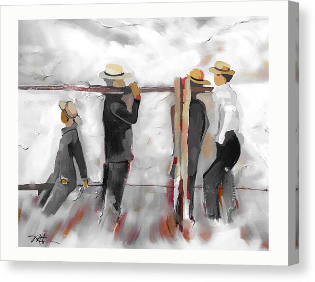 Amish Canvas Print featuring the painting The Fence Builders by Bob Salo