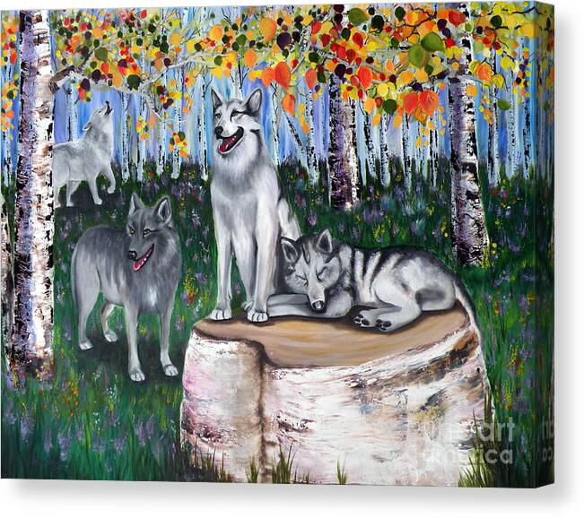 Wolves Canvas Print featuring the painting Zorros Wolves Amid the Aspens by Lora Duguay
