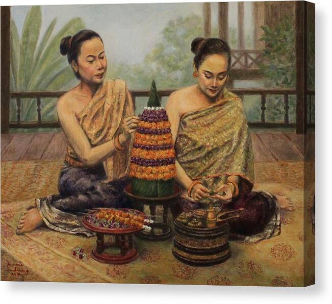 Lao Women Canvas Print featuring the painting Art of Arrangement by Sompaseuth Chounlamany