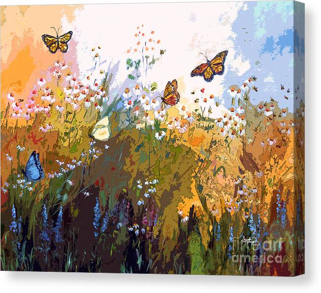 Butterflies Canvas Print featuring the painting Modern Chamomille and Butterflies by Ginette Callaway