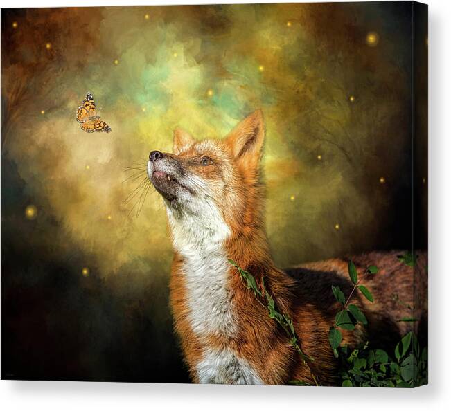 Fox Canvas Print featuring the digital art Friends on a Firefly Evening by Nicole Wilde