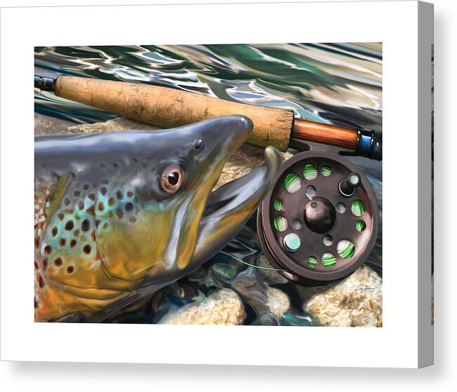 Sports Canvas Print featuring the digital art Brown Trout Sunset by Craig Tinder