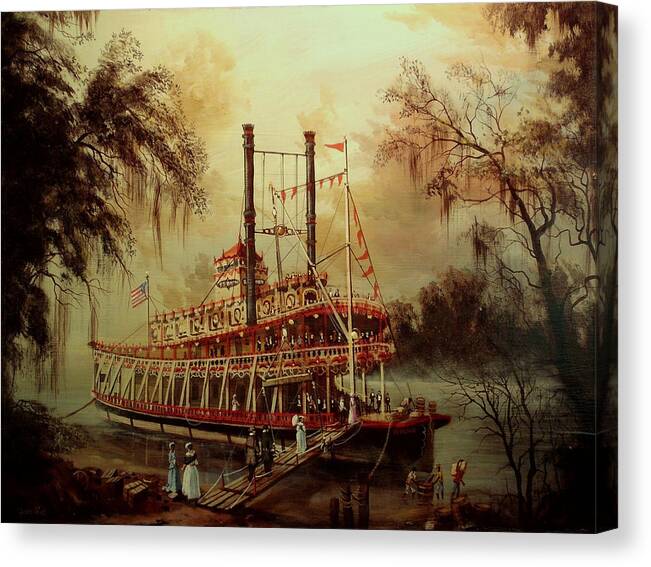 Riverboat Canvas Print featuring the painting Daybreak on the River by Tom Shropshire