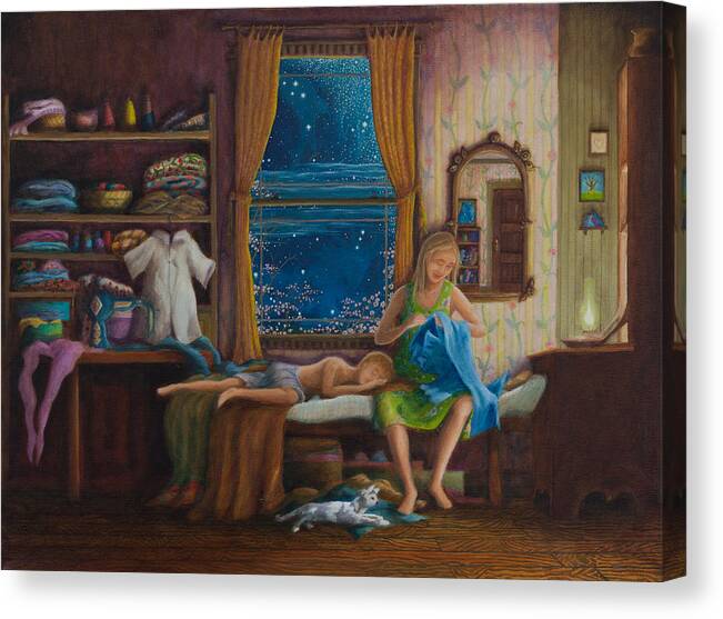 House Of The Rising Sun Canvas Print featuring the painting Mother sewed my first blue jeans by Matt Konar
