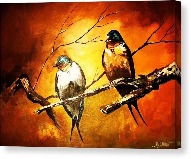 Birds Canvas Print featuring the painting Perched Swallows by Al Brown
