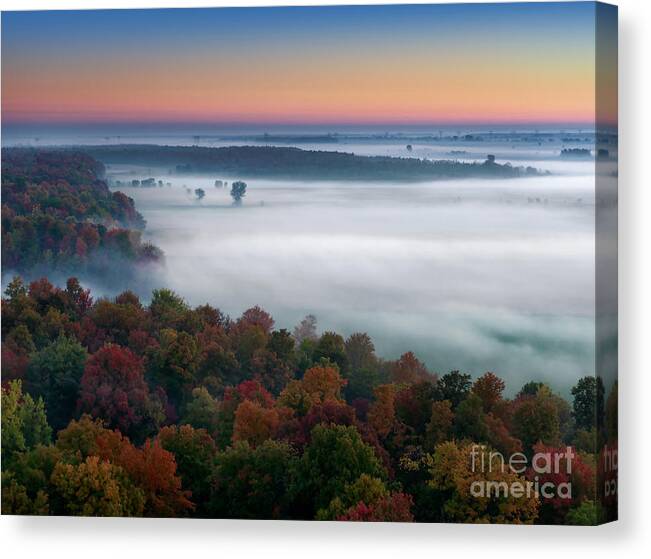 Birds Eye View Canvas Print featuring the photograph Early Autumn Morning Fog on The Richelieu River Valley Quebec Ca #2 by Laurent Lucuix