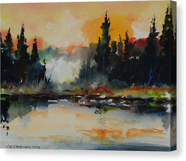 Sunrise Dawn Lakes Rivers Mists On Water Landscapes Reflections On Water Canvas Print featuring the painting Morning Mists Rising by Wilfred McOstrich