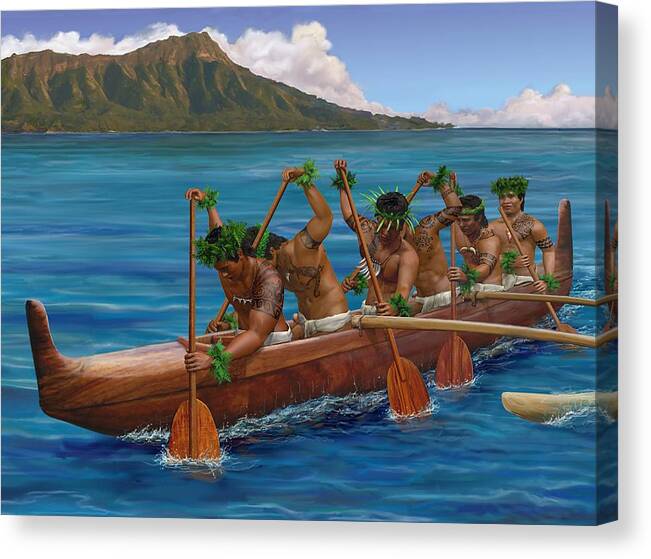 Hawaii Canvas Print featuring the painting Kane Hawaiian Canoe Paddlers #1 by Stephen Jorgensen