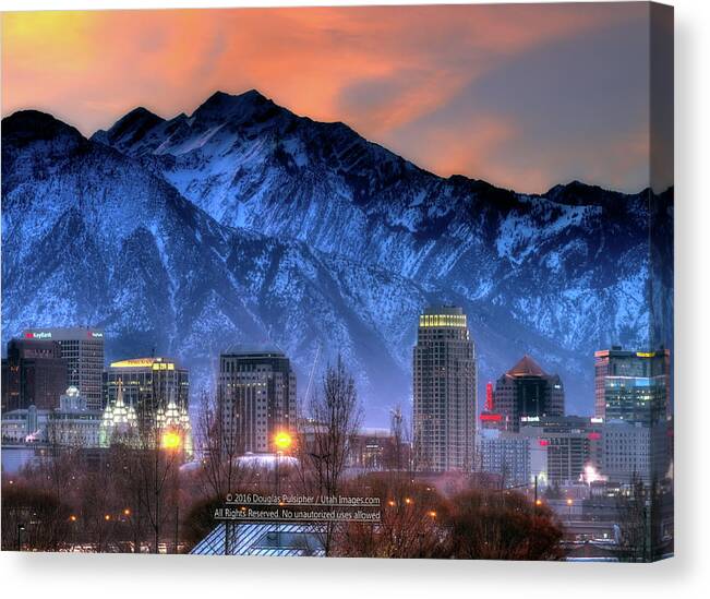 Dawn Canvas Print featuring the photograph Salt Lake City Skyline #11 by Douglas Pulsipher