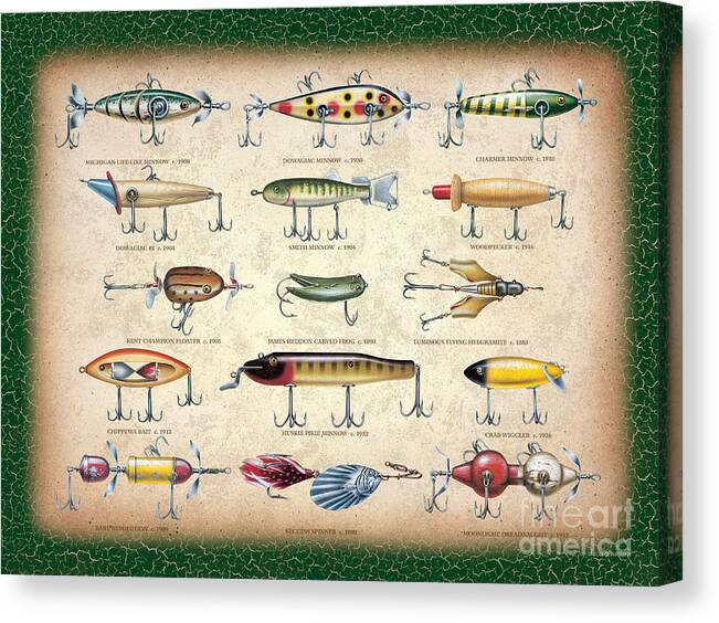 Jon Q Wright Jq Licensing Trout Fly Flyfishing Brown Trout Rainbow Trout Brook Trout Cutthroat Trout Fishing Lodge Cabin Collage Lure Tackle Lure Canvas Print featuring the painting Antique Lures Panel by JQ Licensing