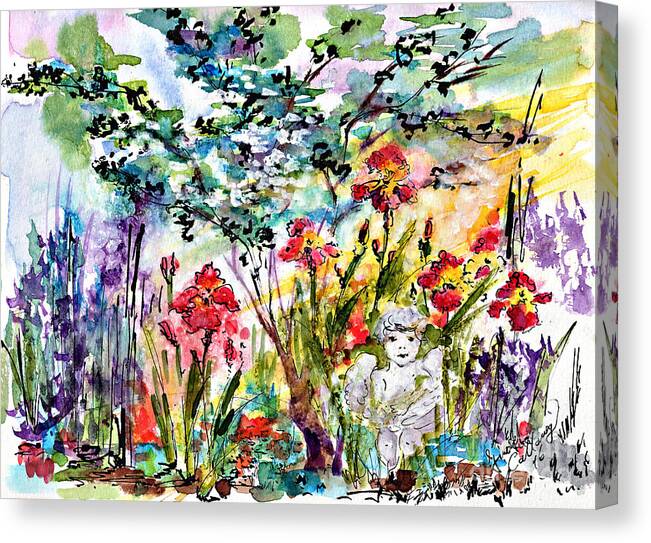Garden Canvas Print featuring the painting Cottage Garden Angel and Irises by Ginette Callaway