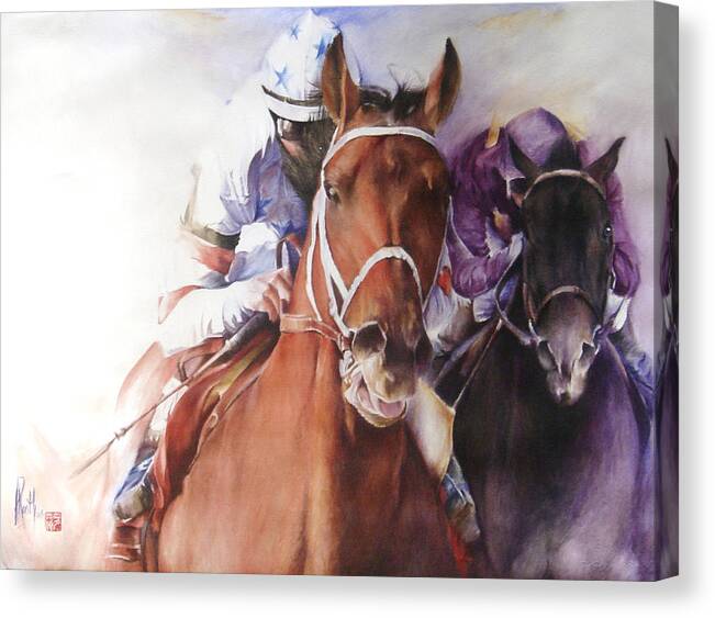 Race Horse Canvas Print featuring the painting Neck And Neck by Alan Kirkland-Roath