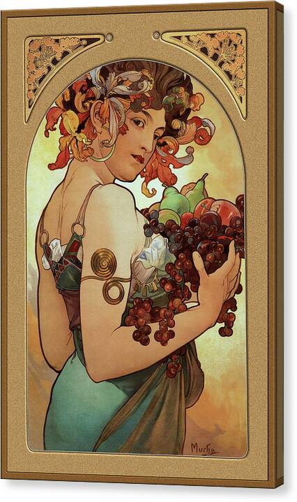 Fruit Canvas Print featuring the painting Fruit by Alphonse Mucha by Xzendor7