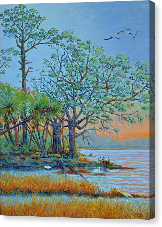 Hunting Island Canvas Print featuring the painting Sunset on Hunting Island Lagoon by Dwain Ray