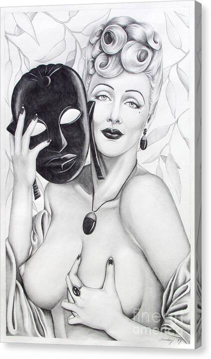 Female Nude Canvas Print featuring the drawing Woman with Mask #3 by Joseph Sonday