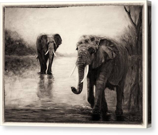 African Elephants Canvas Print featuring the painting African Elephants at Sunset by Sher Nasser