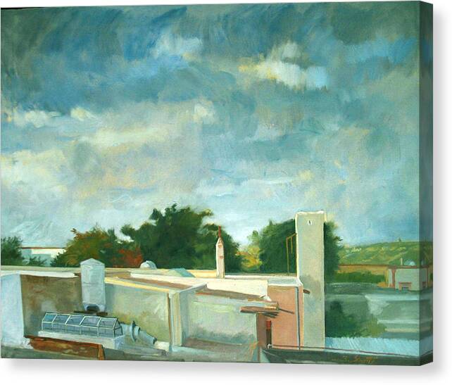 Turbulent Sky Over Flat Rooftops Canvas Print featuring the painting Germantown Rooftops by Zois Shuttie