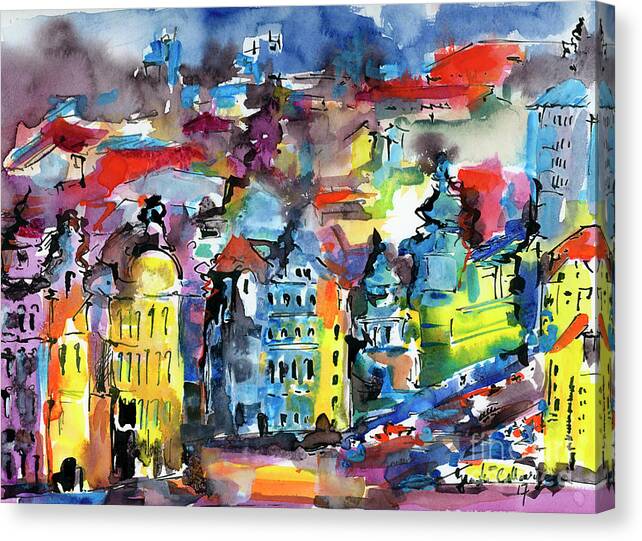 Prague Canvas Print featuring the painting Prague Impressions Modern Watercolor and Ink by Ginette Callaway