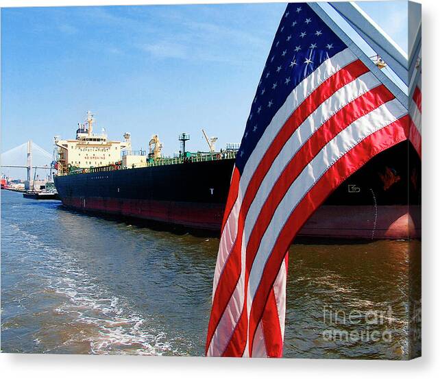 Ships Canvas Print featuring the photograph Savannah Georgia Container Ship and US Flag by Ginette Callaway