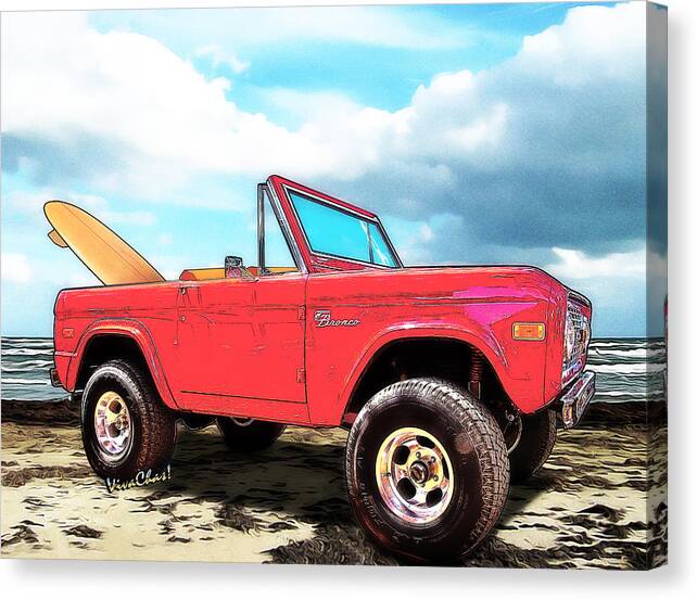 1972 Canvas Print featuring the digital art Surf Bronco Beyond the 4 Wheel Drive Only Sign Padre Island by Chas Sinklier