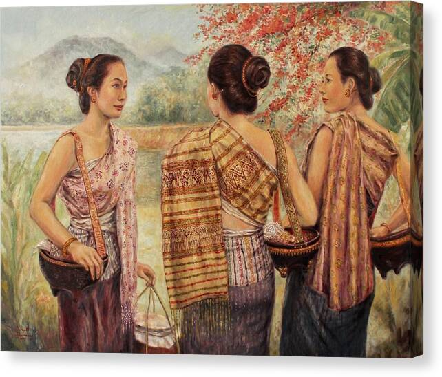 Luang Prabang Canvas Print featuring the painting Ladies Meeting by Sompaseuth Chounlamany