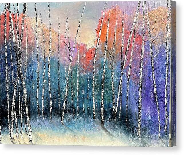 Birch Trees In Early Winter Canvas Print featuring the painting Pink Birches by Julia S Powell