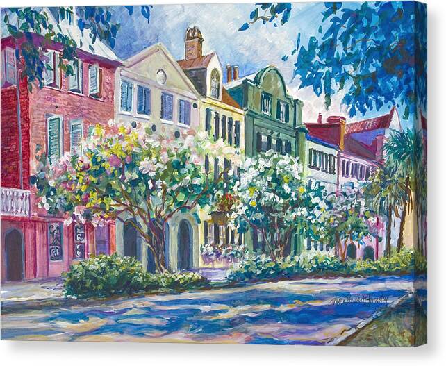 Charleston Canvas Print featuring the painting Charleston's Rainbow Row by Alice Grimsley