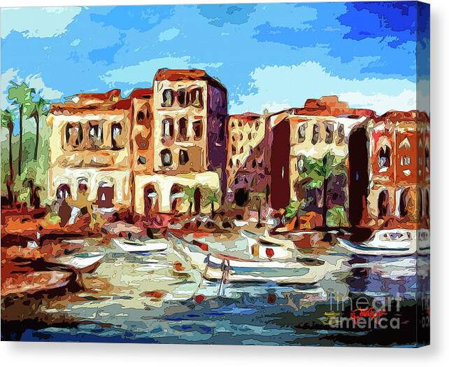 French Riviera Canvas Print featuring the mixed media French Riviera Village and Boats by Ginette Callaway