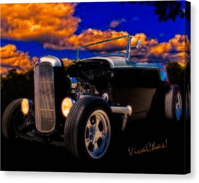 32; Ford; Roadster; Hot; Rod; Rat; Street; Custom; Sundown; Cloud; Storm; Hdr; Orton; Texas; Hill; Country; Sinklier; Chas; Vivachas; Hotrodneyhotrods; Rodney; Dark; Night; Convertible Canvas Print featuring the photograph 32 Ford Roadster in Silver an Black by Chas Sinklier