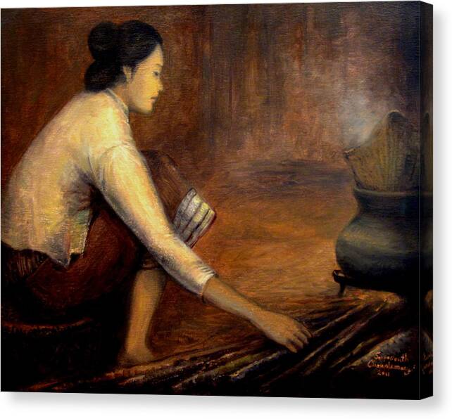 Sticky Rice Canvas Print featuring the painting Steaming Sticky Rice by Sompaseuth Chounlamany
