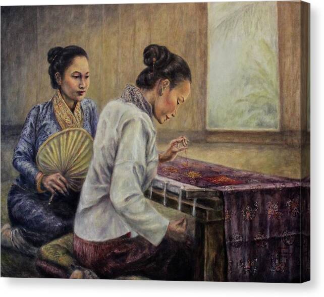 Luang Prabang Canvas Print featuring the painting The Patron and Embroiderer by Sompaseuth Chounlamany