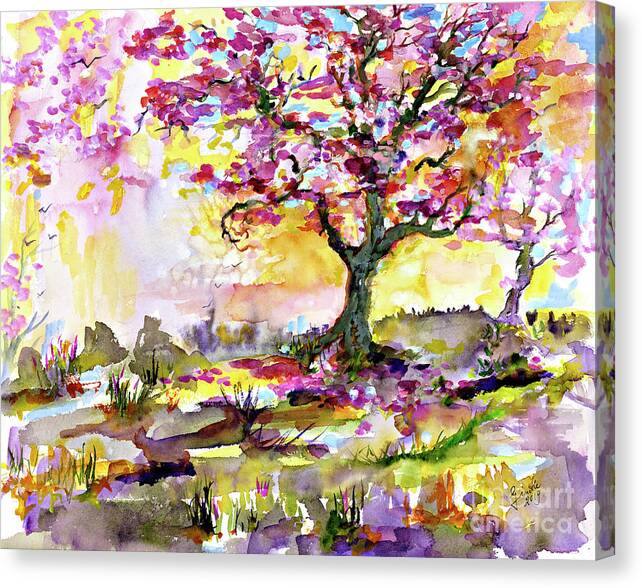 Trees Canvas Print featuring the painting Spring Blossom Tree Warm Watercolor by Ginette Callaway