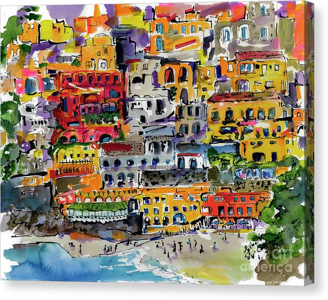 Amalfi Coast Canvas Print featuring the painting Italy Amalfi Coast Positano Cliff Houses by Ginette Callaway