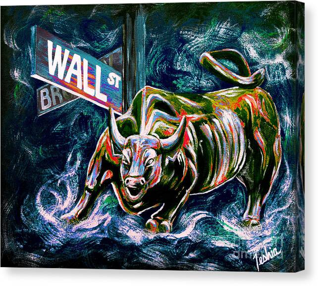 Wall Street Canvas Print featuring the painting Bull Market Night by Teshia Art