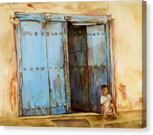 Doorway Canvas Print featuring the painting Child sitting in old Zanzibar doorway by Sher Nasser