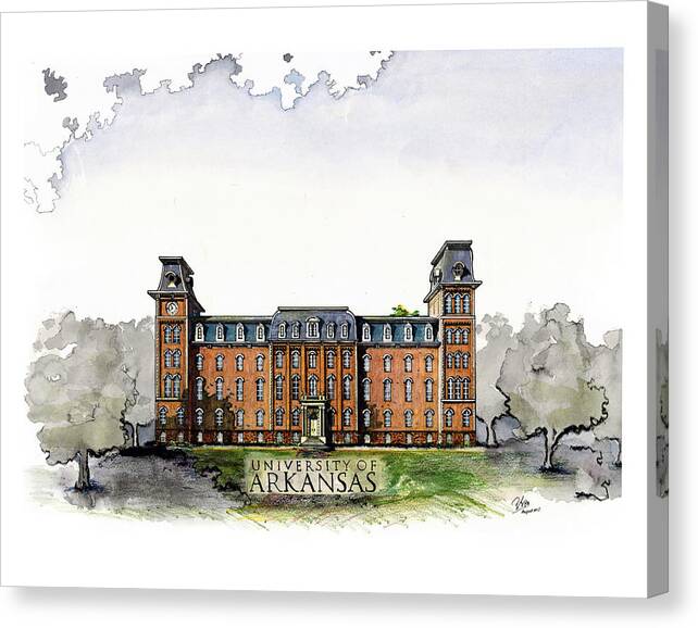 Architecture Canvas Print featuring the drawing Old Main of University of Arkansas Diploma Size by Y Illustrations