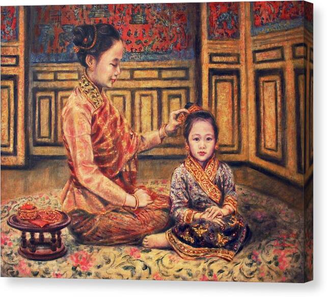 Luang Prabang Canvas Print featuring the painting The Gift by Sompaseuth Chounlamany
