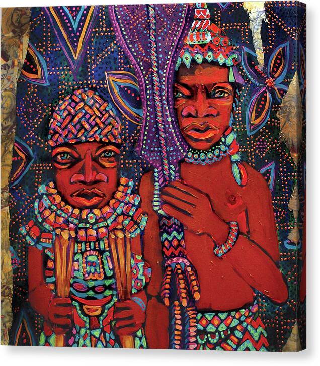 African Canvas Print featuring the mixed media reCalling the Spirit Attendants with Paddles by Cora Marshall
