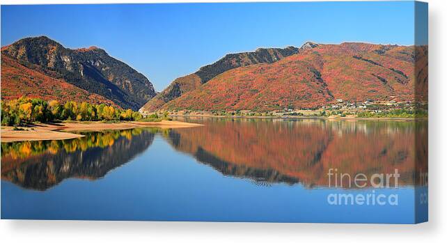 Autumn Canvas Print featuring the photograph Autumn Valley Reflection Pano #2 by Bill Singleton