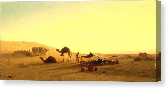 Arab; Encampment; Desert; Camp; Tent; Canopy; Camel; Camels; Dawn; Dusk; Morning; Evening; Sunrise; Sunset; Sundown; Golden; Glow; Nomad; Nomads; Nomadic; Traveller; Travellers; Travel; Camel; Train; Arab; Arabs; Arabian; Arid; Heat; Orientalist; Middle East; Middle Eastern; Sand; Dune; Dunes Canvas Print featuring the painting An Arab Encampment by Charles Theodore Frere