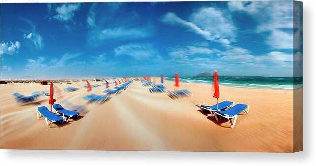 Outdoors Canvas Print featuring the photograph Beach With Sunloungers by Wladimir Bulgar