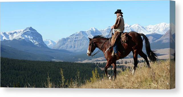 Cowboy Canvas Print featuring the photograph Cowboy Riding With A View Of The Rocky by Deb Garside