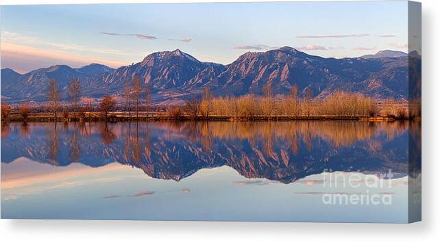 Panorama Canvas Print featuring the photograph Flatirons Sunrise Reflections Panorama Boulder Colorado by James BO Insogna