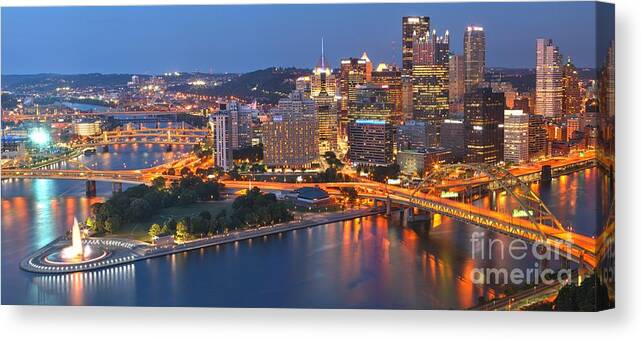 Pittsburgh Skyline Canvas Print featuring the photograph From The Fountain To Ft. Pitt by Adam Jewell