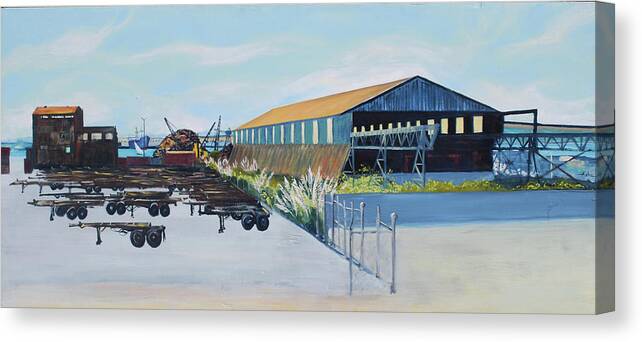 Landscape Painting Canvas Print featuring the painting Schnitzer Steel Warehouse and Rustic Building by Asha Carolyn Young